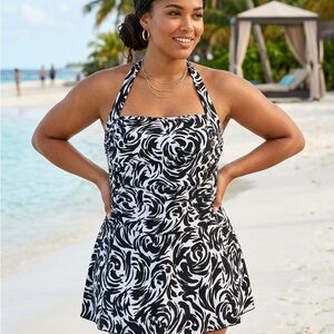 Catalina Black and White Floral Halter One-Piece Swimdress